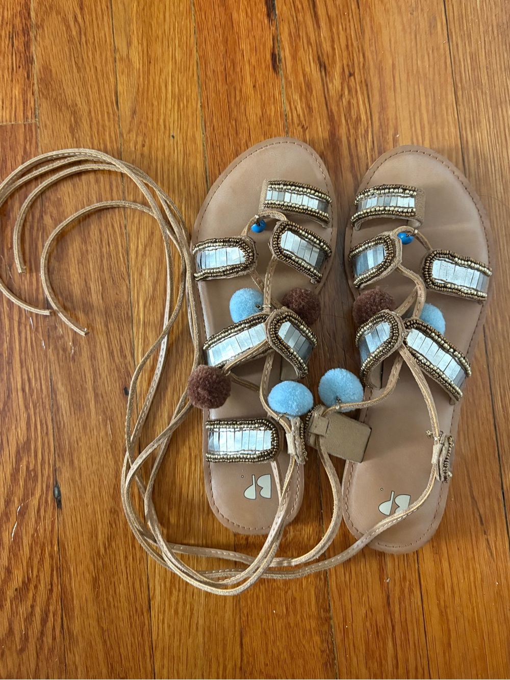 Nordstrom BP Beaded Pom Pom Gladiator Sandals in Tan & Light Blue